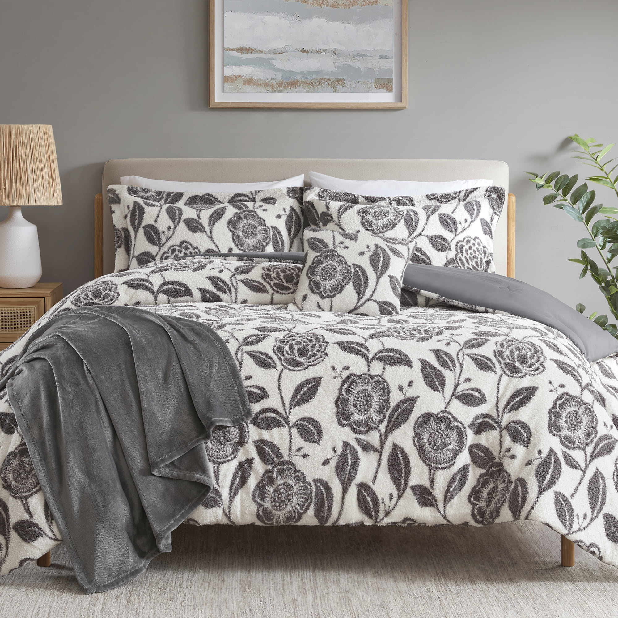 Mainstays King Comforter Set, All-Season, 5-Piece, Grey Floral Cozy Plush