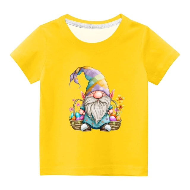 Penkiiy T-Shirts de Pâques pour Enfants Garçons Filles Mode Mignon Nain de Pâques Imprimé Col Rond Manches Courtes 5 Ans Jaune