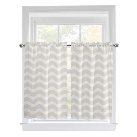 Cream Stripe Tier Curtains 45 Inches Long, Modern Abstract Waves Beige Striped Window Treatment Curtain Drapes, Small Curtain Drapes for Bathroom Laundry Room, 27.5"x45", 2 Panels