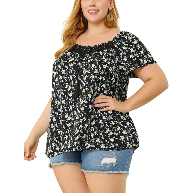 Women's Plus Size Tops Dense Floral Square Tassel Tie Neck Loose Blouse Black 4X