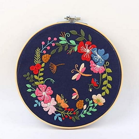 Embroidery Starter Kits with Flowers Wreath Pattern and Instructions, Plastic Embroidery Hoops,Color Threads and Needles,Embroidery Kit for Home Decor(LE02)