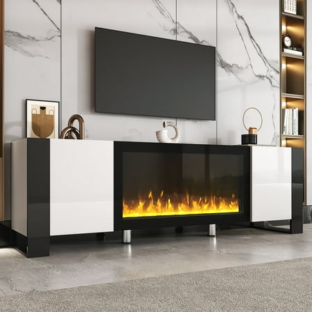 Modern TV Stand with 34.2" Non-heating Electric Fireplace, High Gloss Entertainment Center with 2 Cabinets, Media Console for TVs up to 78", White