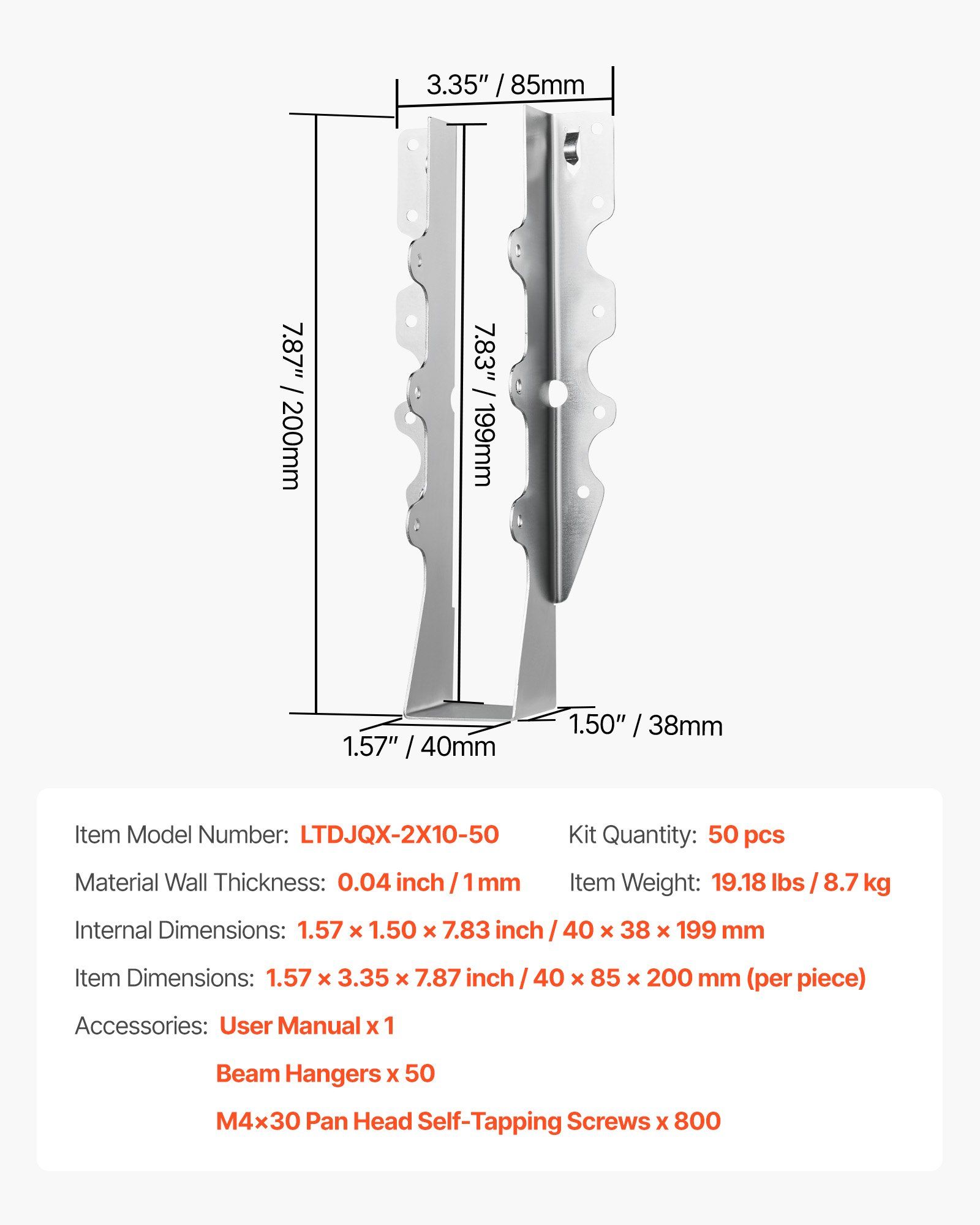 Face-Mount Joist Hanger, 1.57x1.50x7.83 in (40x38x199 mm), 50 Pcs, Heavy Duty, Weather-Resistant, Easy Installation for Roof, Deck, and Floor Support