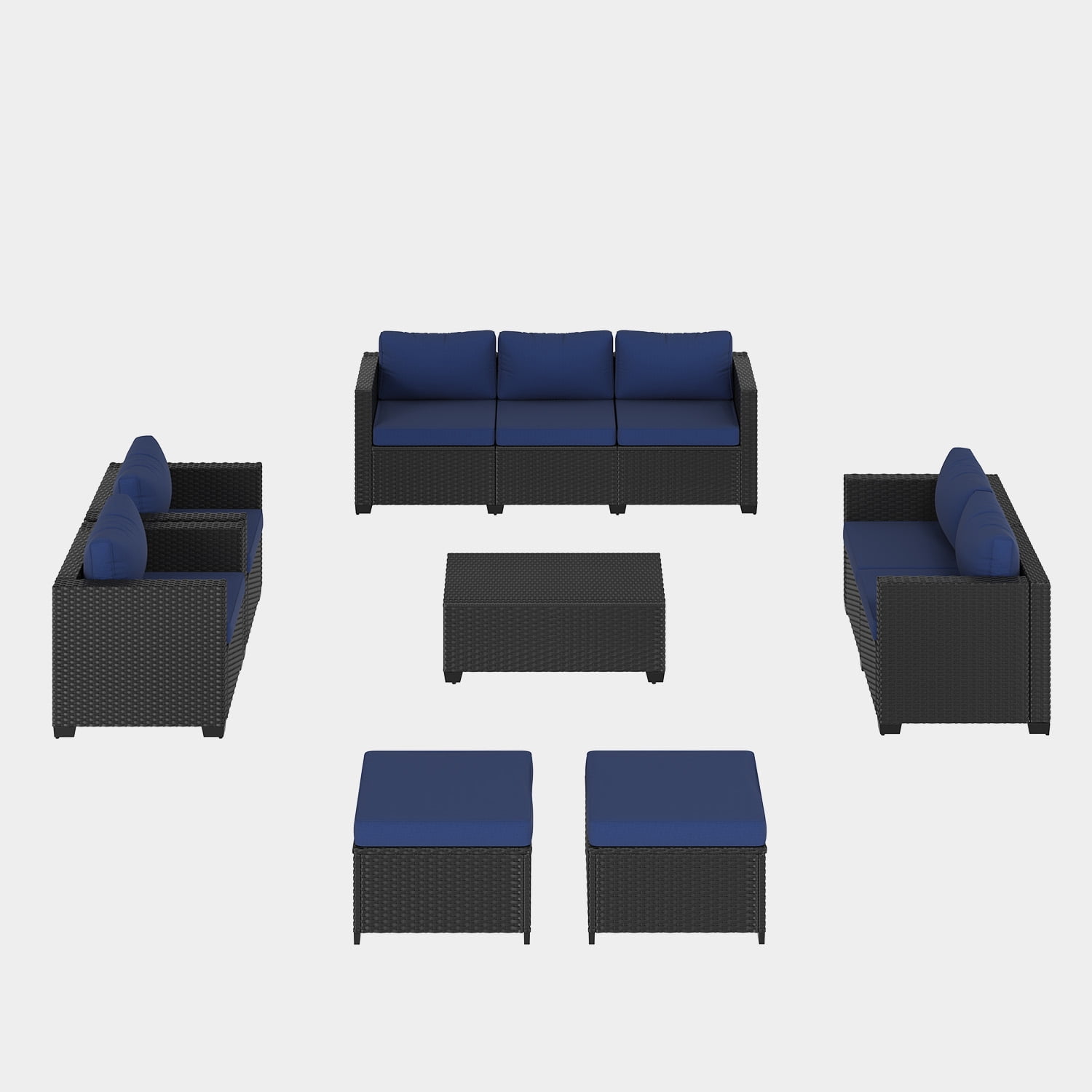 BaPiPro 7-Piece Rattan Outdoor Sectional Sofa Set, Patio Furniture with Storage Coffee Table, Convertible Ottomans & Weather-Resistant Navy Blue Cushions for Backyard and Poolside