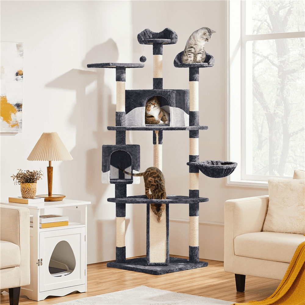 Renwick 79" Multilevel Cat Tree Tower with Scratching Posts, Dark Gray/Beige