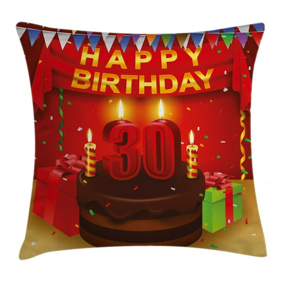30th Birthday Decorations Throw Pillow Cushion Cover, Celebration with Chocolate Cream Cake Colorful Flags and Gifts, Decorative Square Accent Pillow Case, 16 X 16 Inches, Multicolor, by Ambesonne