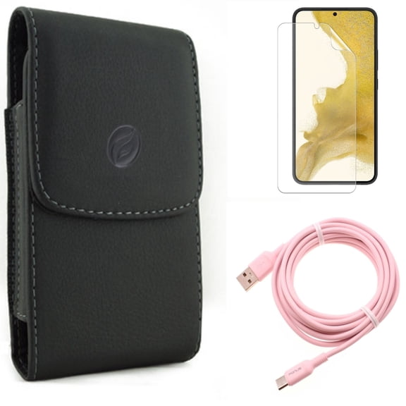 Matte Screen Protector & 10ft Long USB-C Cable & Case Belt Clip for Samsung Galaxy S22 (6.1") - TPU Film Anti-Glare & Pink Charger Cord & Leather Holster Accessory Bundle