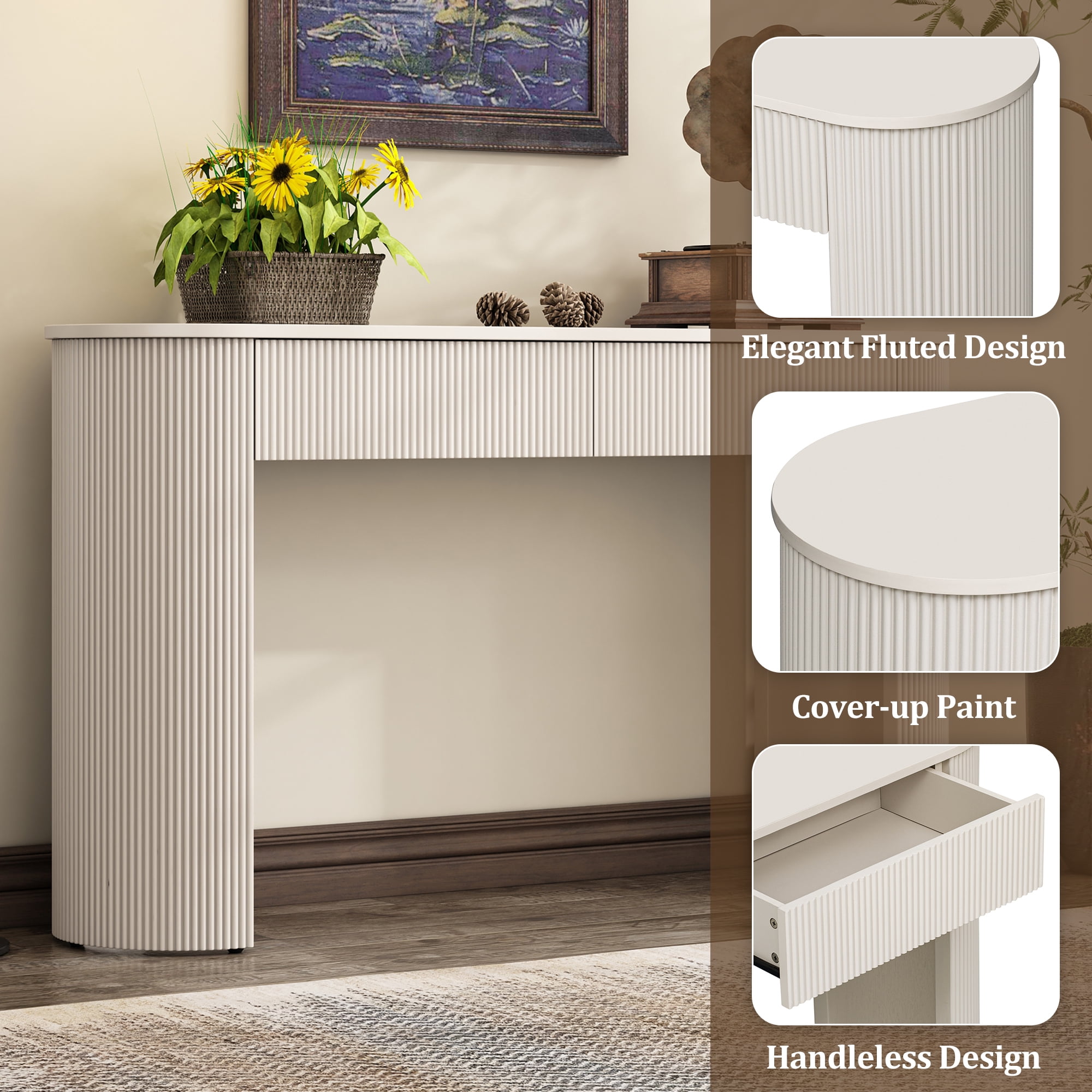 EUROCO 54" Narrow Entryway Table with Fluted Design, Wood Console Table with Oval Top and 2 Drawers,Long Sofa Table Behind Couch for Living Room Hallway Foyer,White