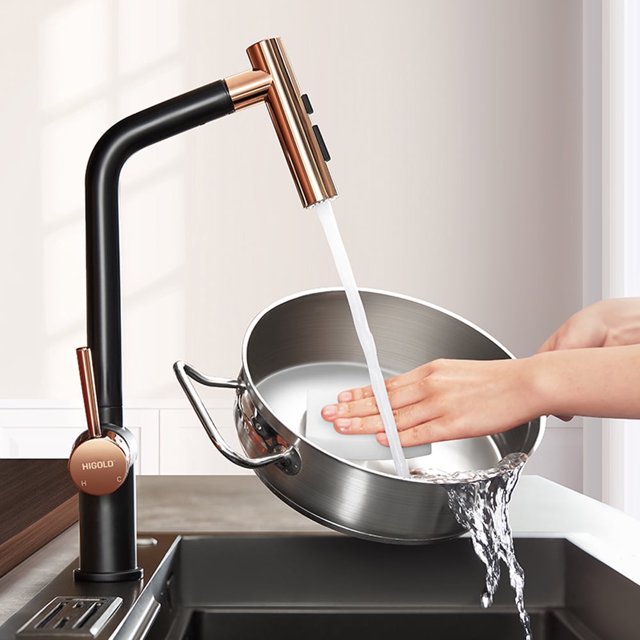 HIGOLD BN1.0 Robinet de Cuisine à Bec Rétractable à une Poignée avec Prix SI, Fini Noir et Or