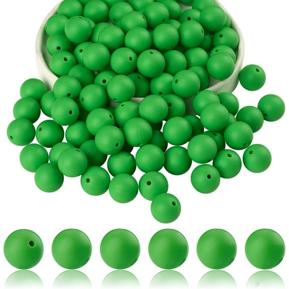 100Pcs 15MM Round Silicone Beads for Keychain Making Bulk Loose Rubber Spacer Beads for Pen Bracelet Necklace DIY Crafts Making (Grass Green)
