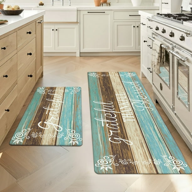 MeyJey Juego de 2 Tapetes de Cocina de Granja, Tapete Acolchado Impermeable Antideslizante y Antifatiga para Cocina, Comedor y Lavadero, 18"x30"+18"x48" Verde Azulado/marrón