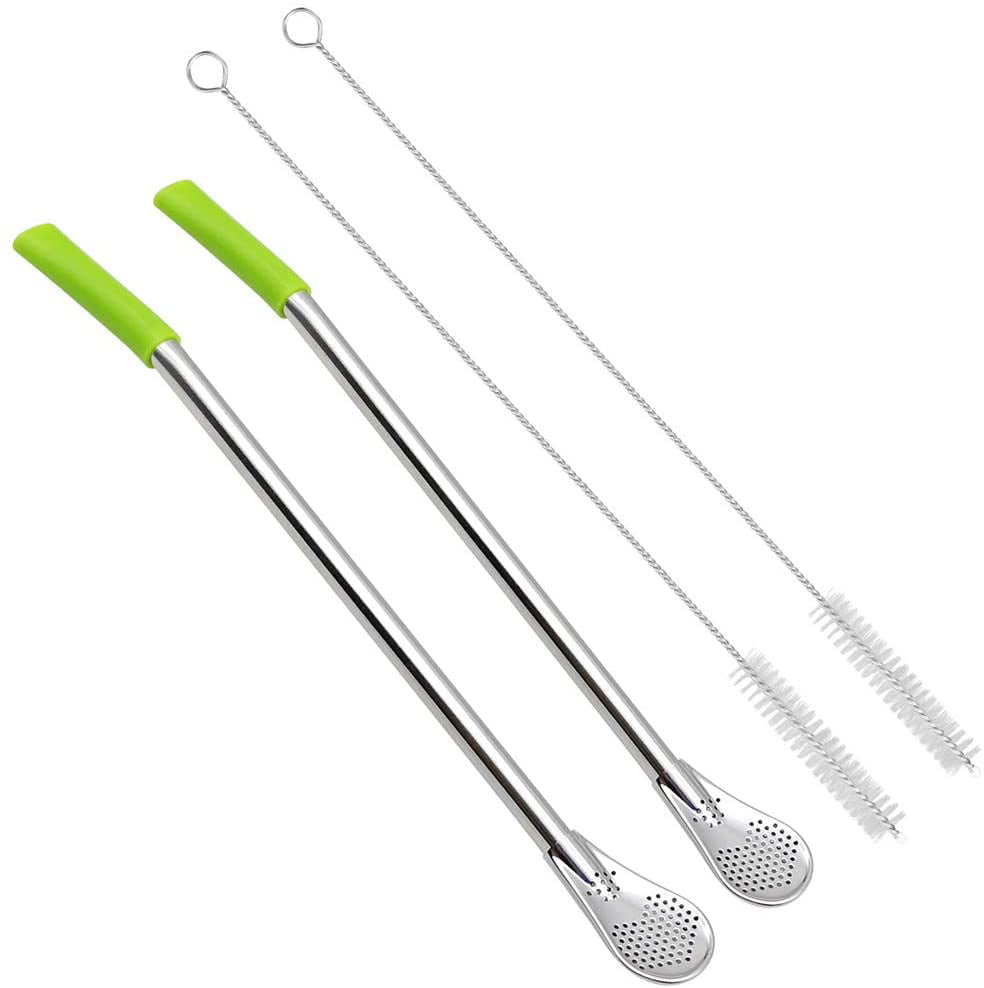 Yerba Mate Bombilla Filtered Spoon 2X Straw Stainless Steel in Box w/ Brush 