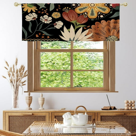 Black Boho Kitchen Curtains Valances, Bohemian Flower Pattern Semi Sheer Kitchen Valances for Living Room, Rod Pocket Short Window Treatment Decor, 52x18
