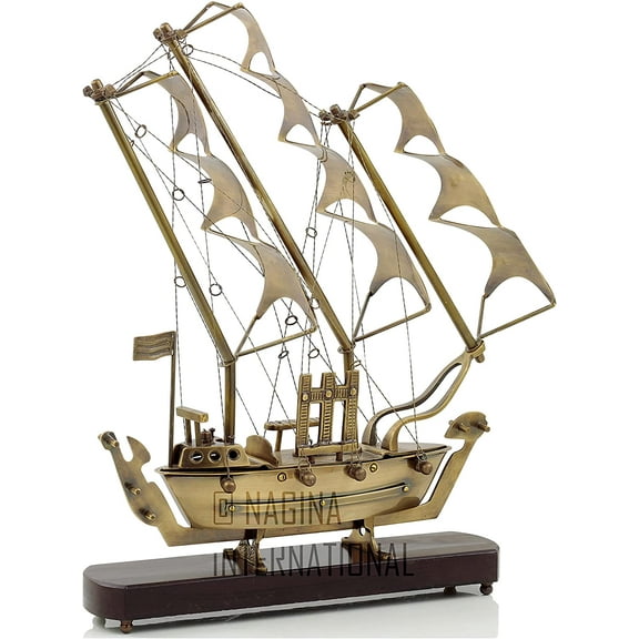 Gorch Fock Sea Ship Old Model Solid Brass Handcrafted Replica | Detailed Authentic Design With Antique Brass Finish | Sailing Boat Decorative Display Showpiece | Pirate's Nautical Home Décor (Large)