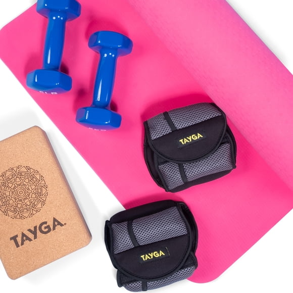 Set para Yoga Estiramiento Tayga, tapete rosa, mancuernas 5Lb c/u, polainas 4Lb c/u y blok de yoga.