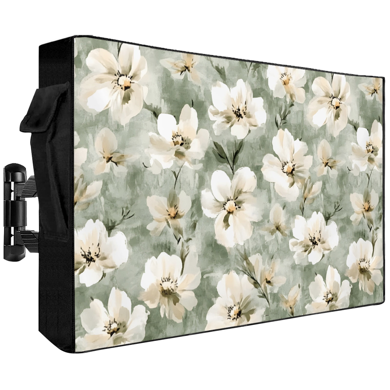 Vintage Magnolia Outdoor TV Cover 30 to 32 inch White Blooming Flower Oil Painting Style Waterproof Dustproof TV Covers for Outside with Zipper Remote Control Pocket Flat Screen Protectors