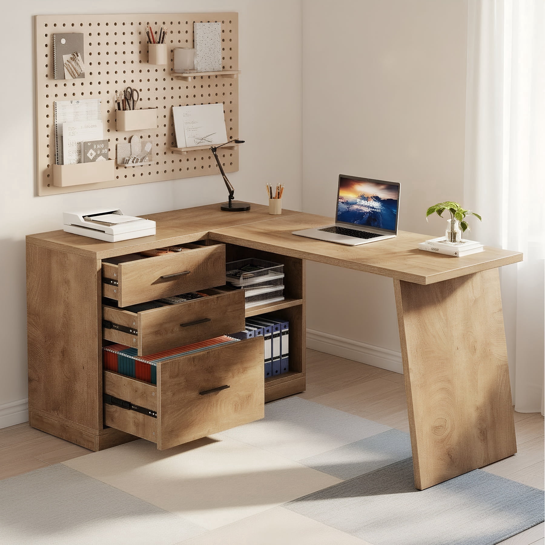 Fnova 55" L Shaped Executive Desk with Drawers, Corner Computer Desk with File Cabinet, Farmhouse Wood Office Desk for Work Writing, Gaming, Brown