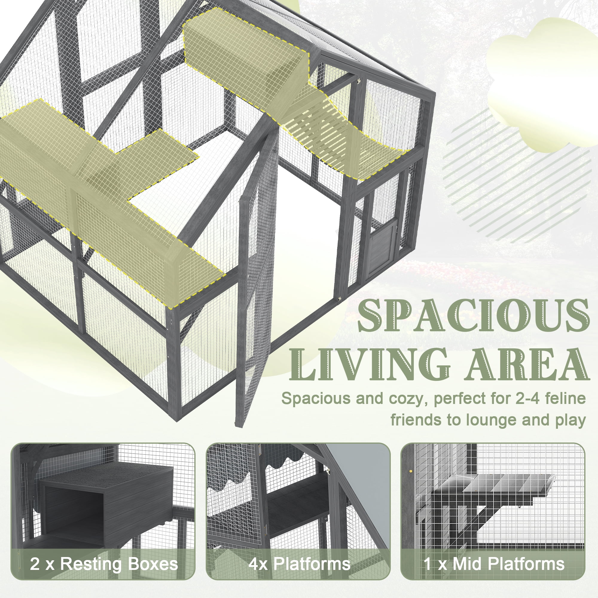 Villeston Large Outdoor Cat Enclosure for Multiple Cats with 2 Platforms, 2 Resting Box and 1 Bridges, Wooden Feral Cats Shelter with Waterproof and UV Proof Canopy