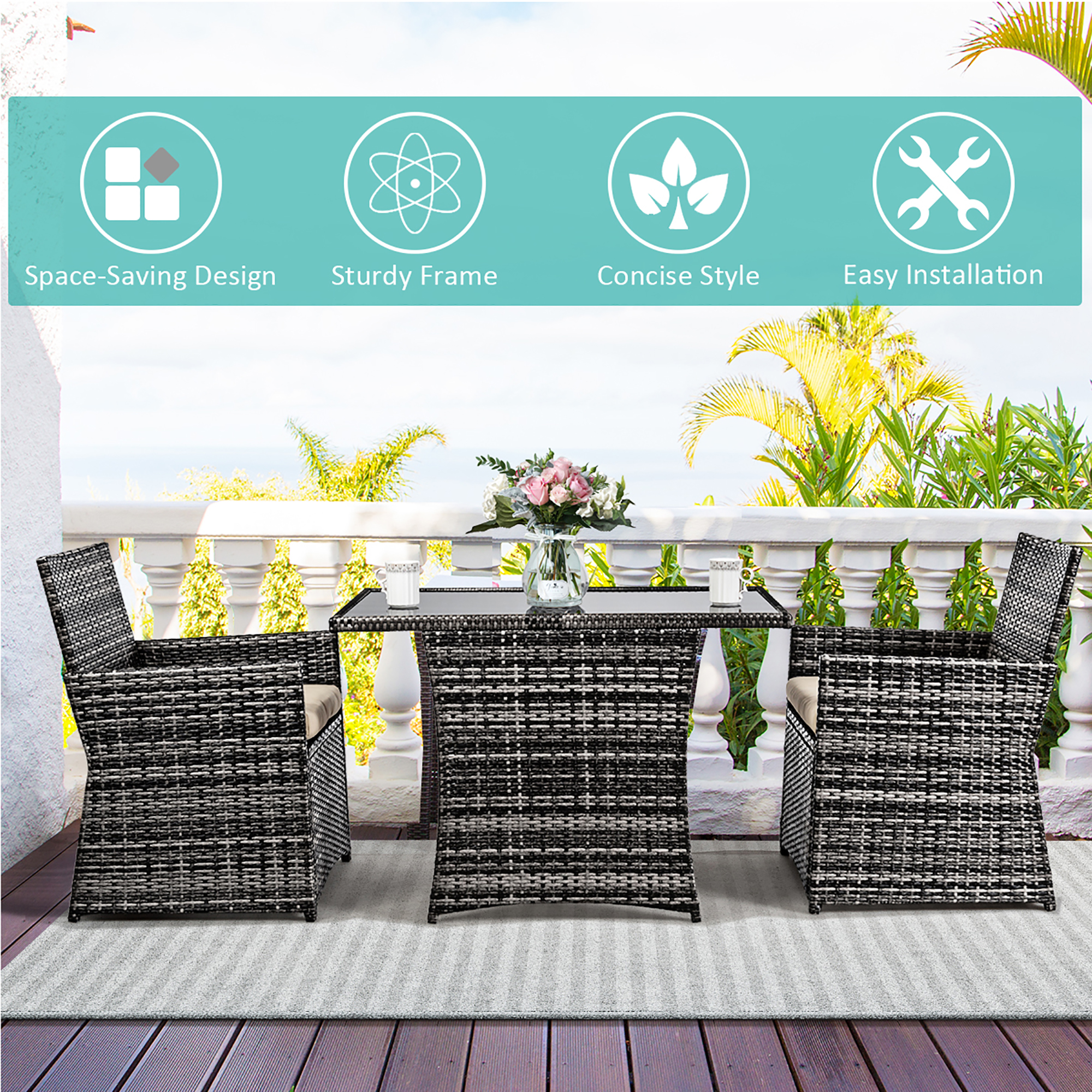 Costway 3PCS Outdoor Patio Rattan Wicker Furniture Set Armrest Sofa Cushion Mix Gary