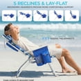 thumbnail image 4 of Pirecart Folding Tall Beach Chair, Height 17" Beach Chair W/ 5-Position Lay Flat, Headrest, Cooler Pouch, Blue and White Stripes, 4 of 11