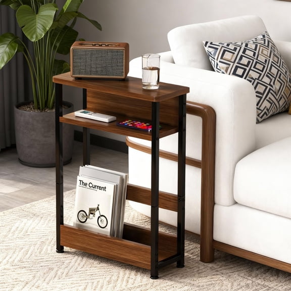 Narrow Side Table with Storage Shelf and Magazine Rack Slim Nightstand for Small Spaces Bathroom Bedside Table for Living Room Bedroom