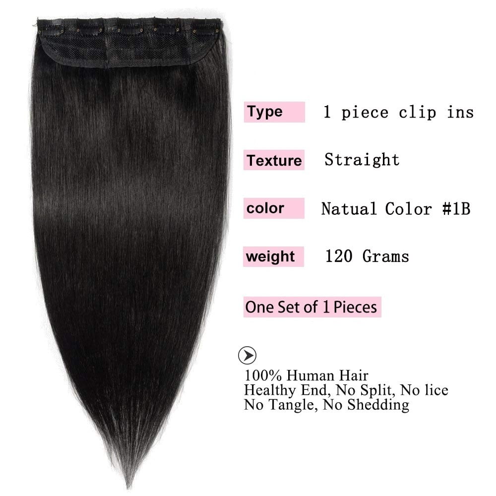 Clip in Human Hair Extensions One Piece Clip Ins Straight Hair Extensions 10-26 Inch Natural Black Remy Hair Piece Extensions with 5 Clips