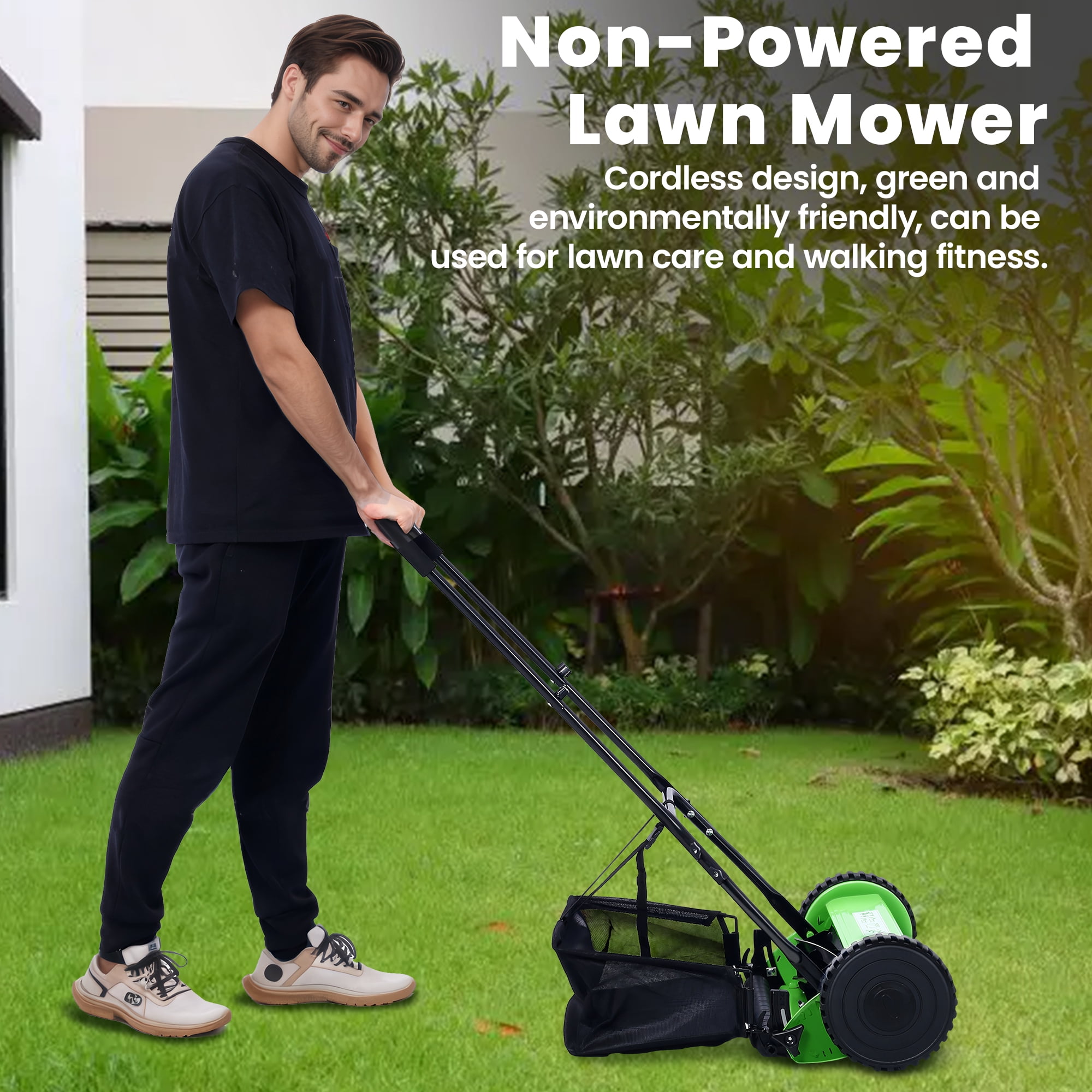 Seizeen Push Lawn Mower, 14-Inch 5-Blade Real Lawn Mover with Grass Catcher, 0.6’’-1.8’’ Height Adjustable Manual Lawn Mower with Bag, Green