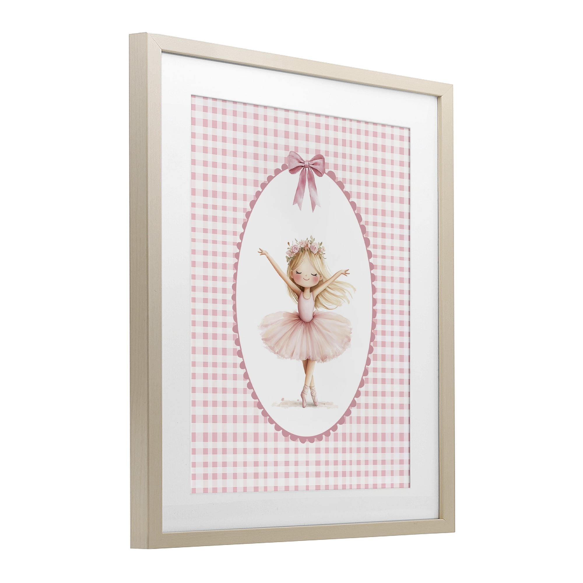 Ballerina on Pink Checkered Birch Framed Print Under Glass, design by Christine Simpson Art