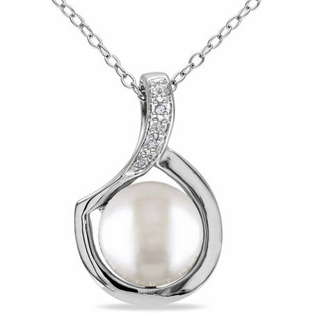 Miabella 9-9.5mm White Button Cultured Freshwater Pearl and Diamond Accent Sterling Silver Fashion Pendant, 18
