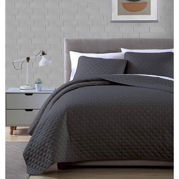 Chezmoi Collection Thea Juego de colcha extragrande con patrón geométrico de cuatrifolio de 3 piezas (King Dark Grey)