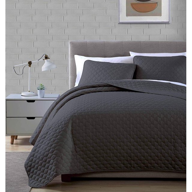 Chezmoi Collection Thea Juego de colcha extragrande con patrón geométrico de cuatrifolio de 3 piezas (King Dark Grey)