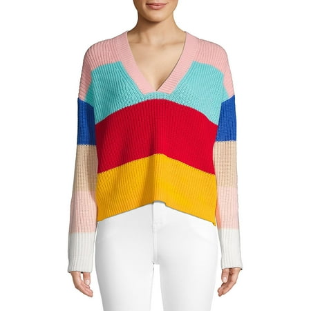 - V-Neck Rainbow Knit Sweater