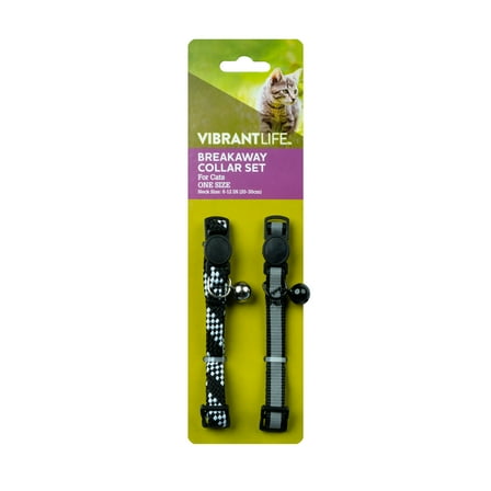 Vibrant Life 2-Pack Cat Collar, Black with Silver Reflective, and Solid Reflective, One Size
