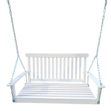 Outdoor Patio Hanging Wooden Porch Swing 4FT with Chains, 2-Person Heavy Duty Swing Bench for Garden and Backyard, White