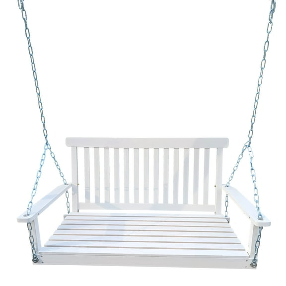Outdoor Patio Hanging Wooden Porch Swing 4FT with Chains, 2-Person Heavy Duty Swing Bench for Garden and Backyard, White
