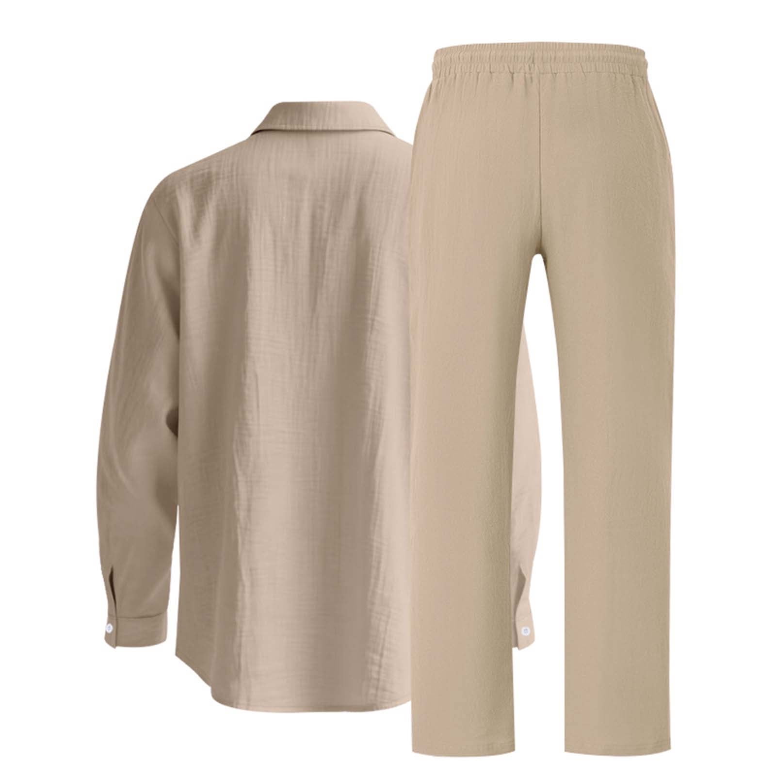 Men's Linen Casual Outfits Piece Solid Color Cuban Shirt and Pants Set Lightweight Beach Vacation Suit