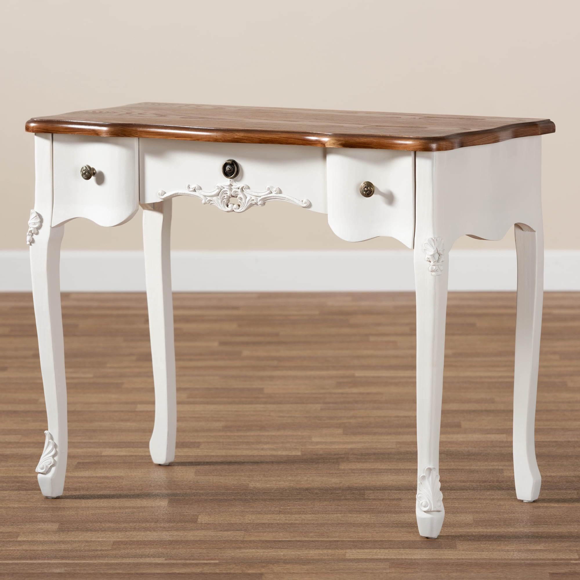 Baxton Studio Sophie Classic Traditional French Country White and Brown Finished Small 3-Drawer Wood Console Table