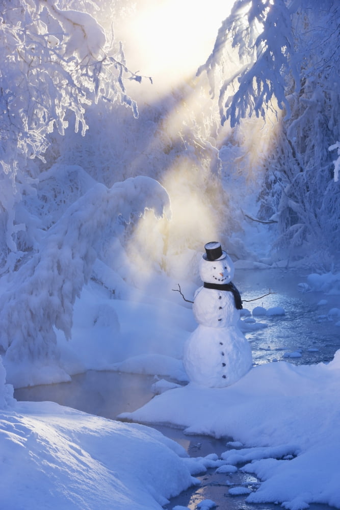 Snowman Standing Next To A Stream With Sunrays Shining Through Fog And Hoar Frosted Trees In The Background Russian Jack Springs Park Anchorage Southcentral Alaska Winter Digitally Enhanced Canvas Art