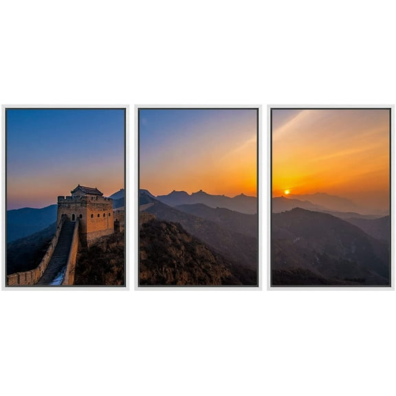 wall26 3 Panel Framed Canvass Wall Art - The Great of China at Sunset - Giclee Print Gallery Wrap Modern Home Art Ready to Hang - 16"x24"x3 White