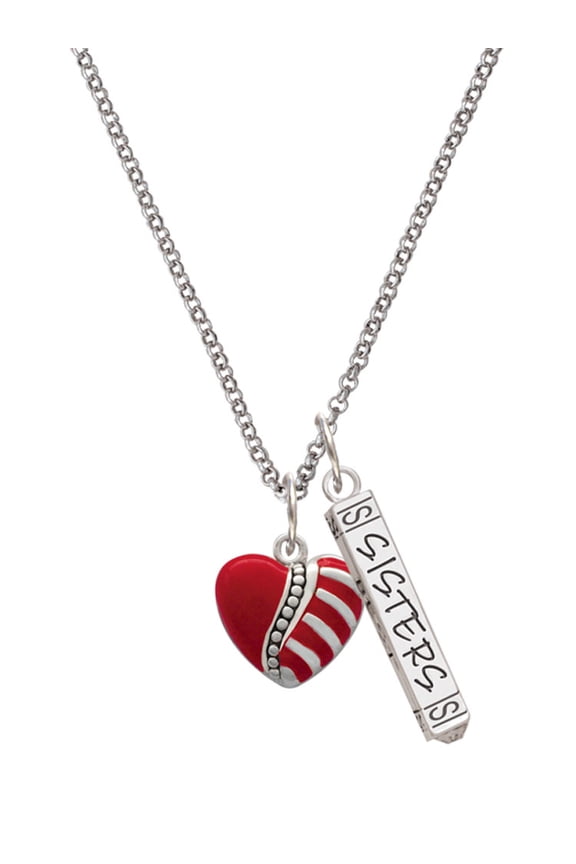 Silvertone Striped Red Enamel Heart with Beaded Decoration Silvertone Sisters Best Friends Forever Bar Charm Necklace, 23"