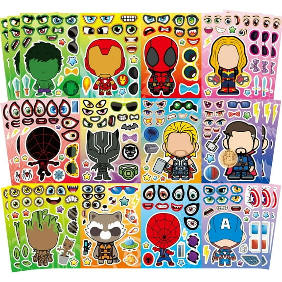 36 Pieces Make-a-face Stickers Pack, Mixed & Matched with 12 Heroes Characters(3 of Each) Stickers, Make Your Own Stickers for Kids Teens Party Decoration, Reward, Decor