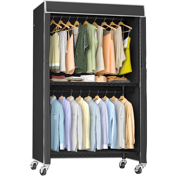 WEISANTIQ Heavy Duty Rolling Garment Rack with Cover Clothing Rack for