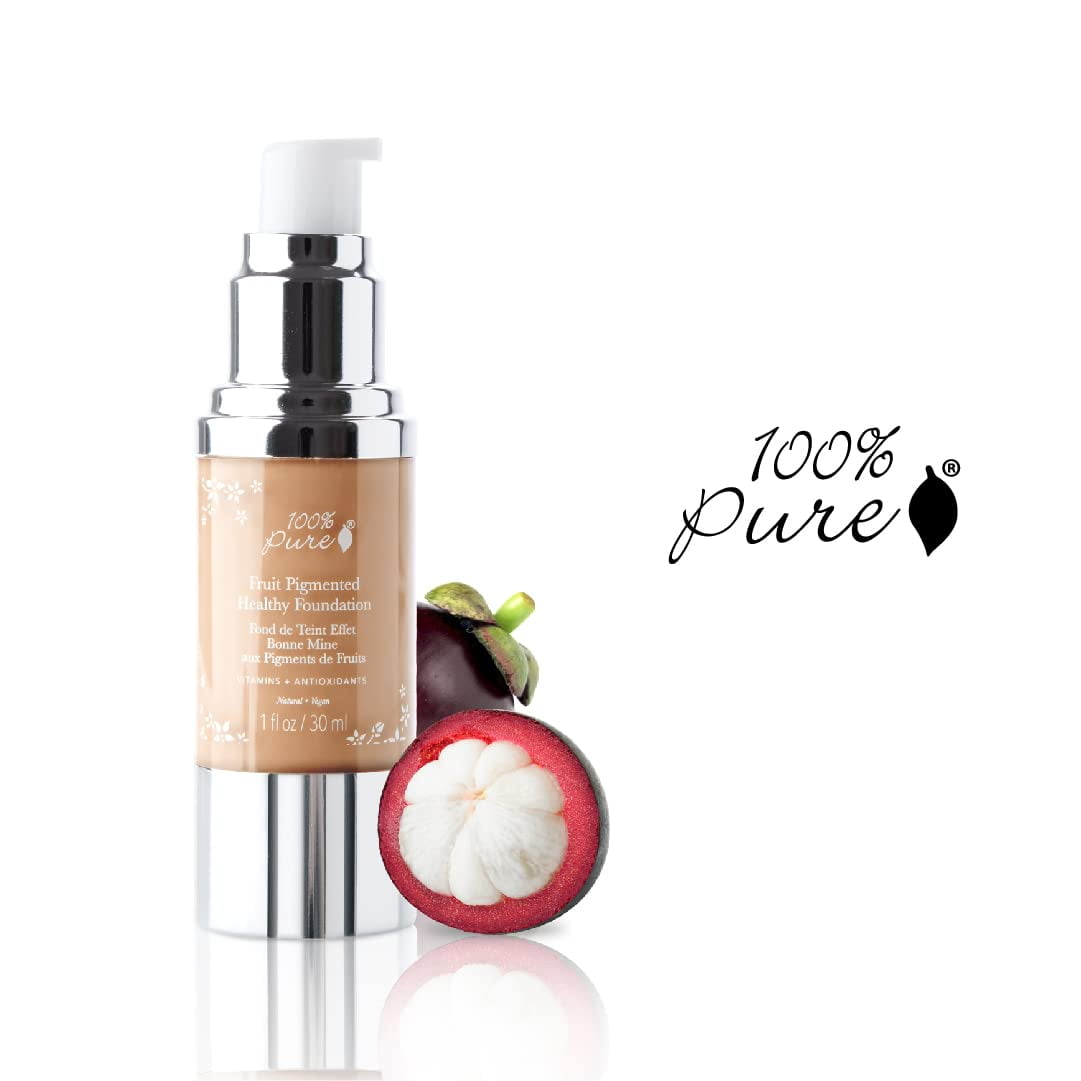 100% PURE Healthy Foundation Full Face Coverage Makeup, Liquid Matte Finish with Anti-Aging Benefits - Vegan Gorgeous Fruit Pigmented Golden Peach Color (Medium Tan with Warm Undertone) - 1 Fl Oz