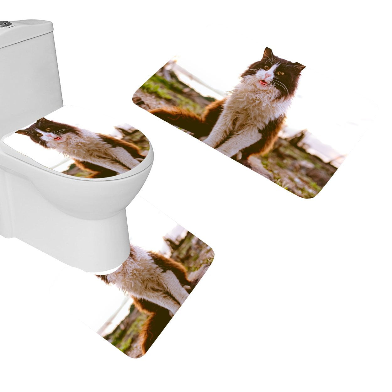 GOHAO Cat Fluffy Sitting Spotted 3 Piece Bathroom Rugs Set Bath Rug