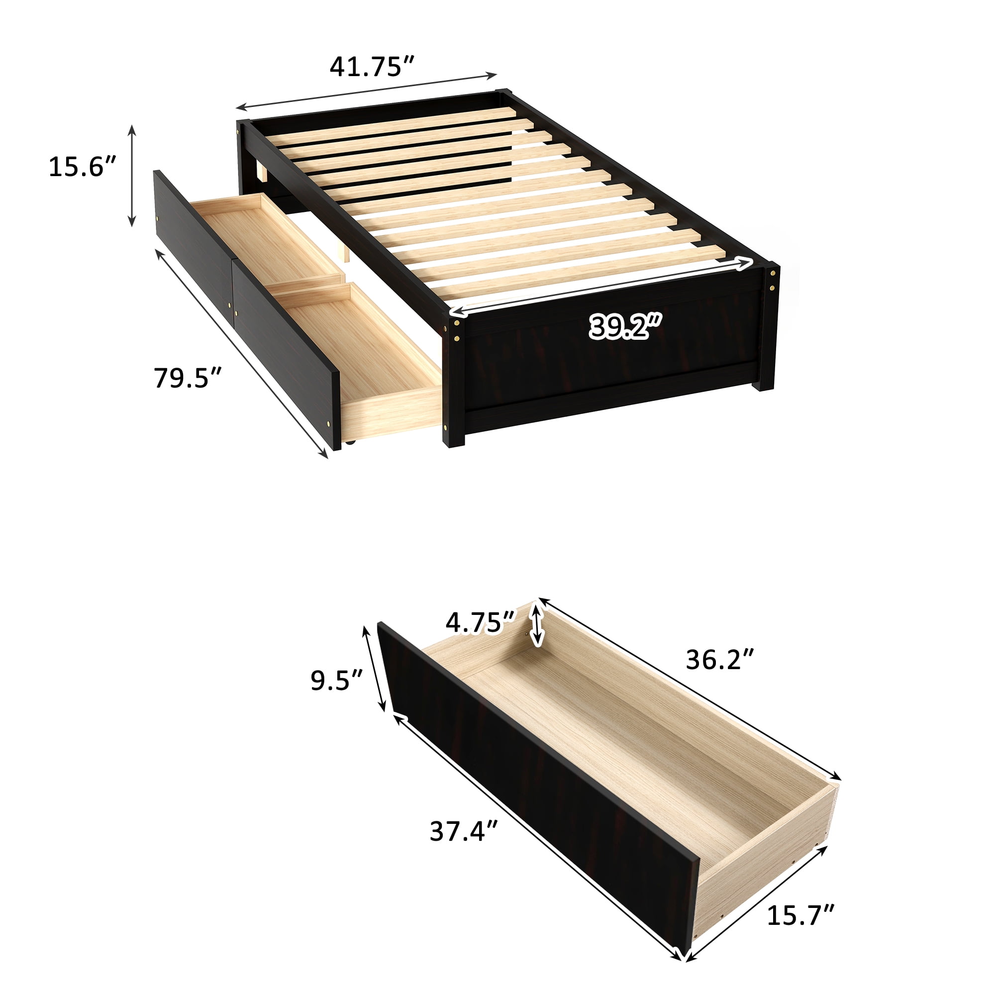 DEALTOPS Twin Bed with 2 Drawers Solid Wood Bed Frame with Storage for Kids Teen Adults, Espresso