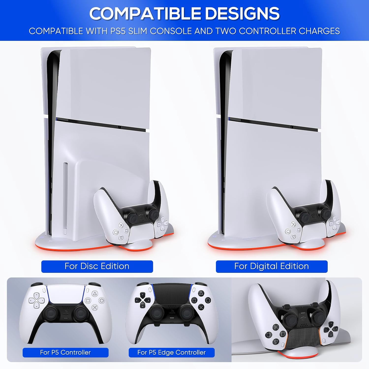 Charging Stand with Cooling Fan for PS5 Slim Console, Dual Controller Charger Station with 9 RGB Light for DualSense/Edge, Quiet Cooling System Accessories for Playstation5 Slim Digital/Disc thumbnail 12