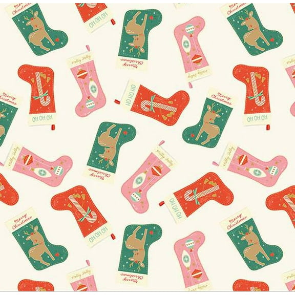 Christmas Tossed Stockings Mint Cream Riley Blake 100% Cotton Price Per Yard