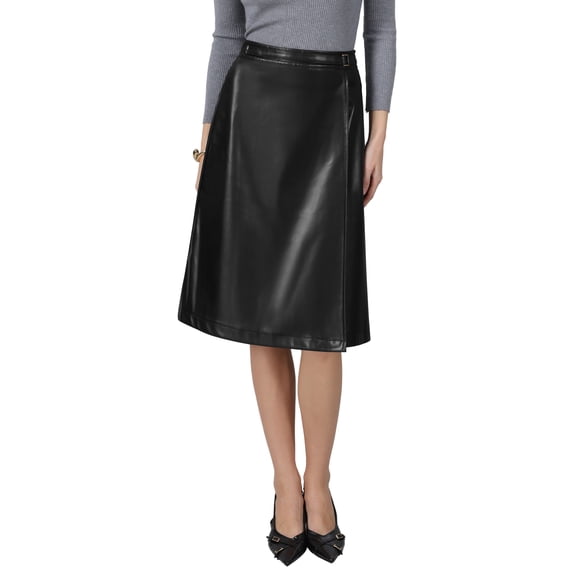 INSPIRE CHIC Women's Faux Leather Skirt High Waist Faux Wrap Business Casual PU A-Line Skirts S Black