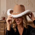 thumbnail image 5 of Furry Fluffy Trim Halloween Western Cowboy Hat with Decorative Band, Wide Brim Fashion Headwear, Stylish Accessory for Halloween Parties, Concert, Festival Celebrations and Trendy Outfit Beige, 5 of 10