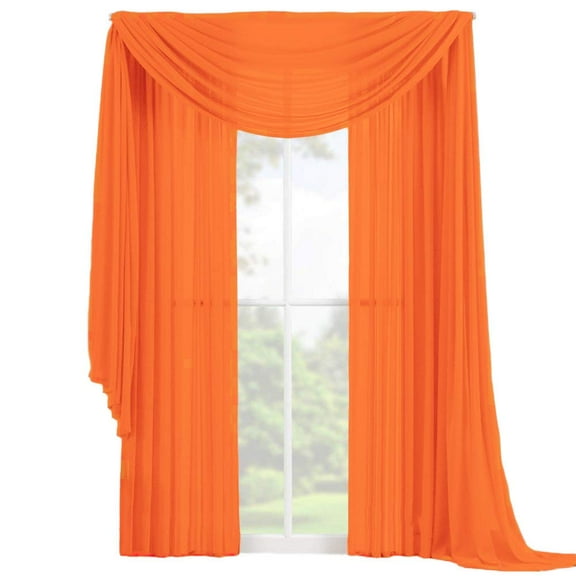 Decotex 3 Piece Fully Stitched Sheer Window Curtain Drape Set 2 Panels and 1 Matching Scarf (108" Length, Orange)